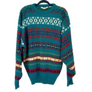 Vtg Entourage Crewneck Sweater Womens XL Teal Geometric Patterned Acrylic NEW